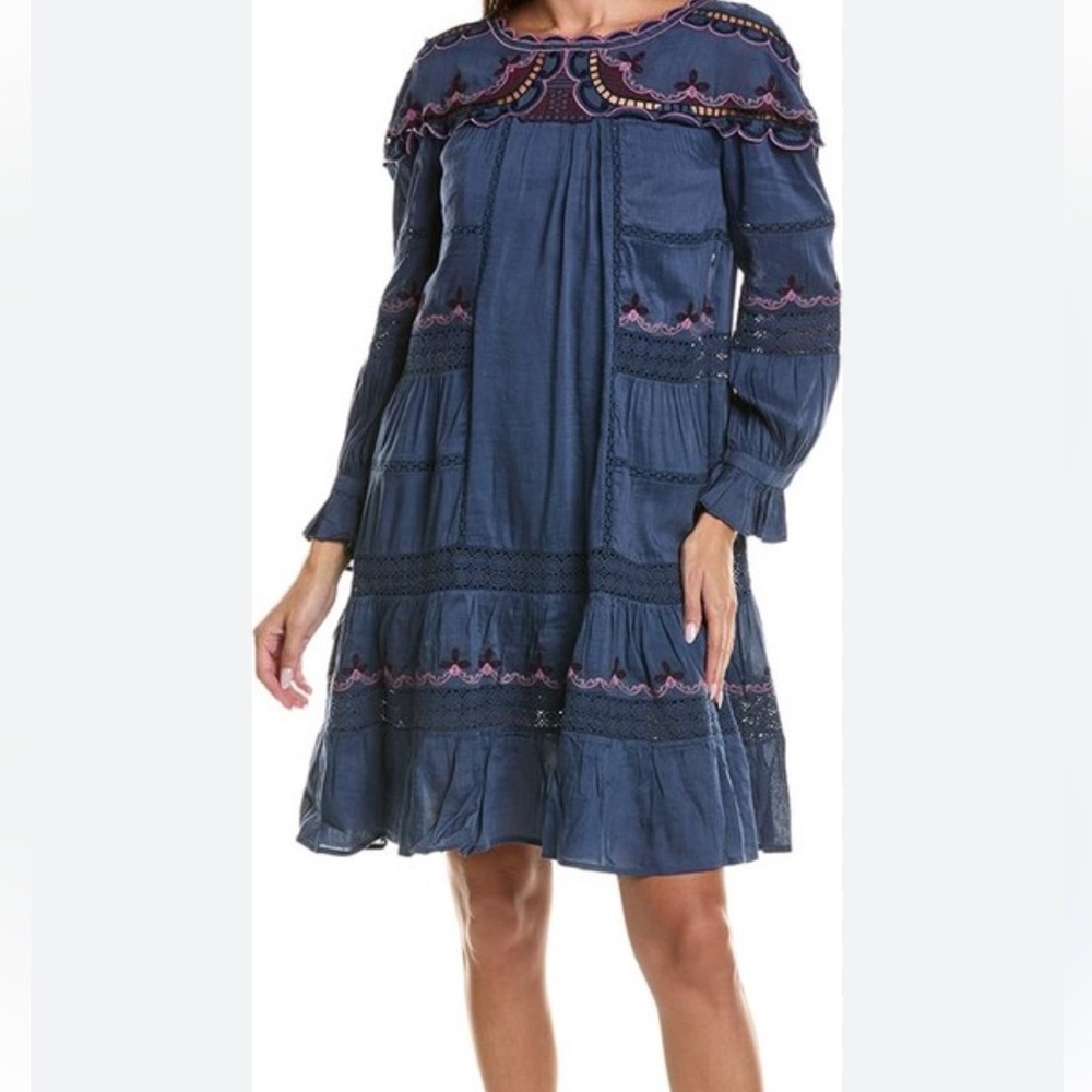 Johnny Was NWT Reina Embroidered Lined Linen Long Sleeve Tiered Dress Small